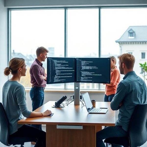 Kleines Engineering-Team an Stehtisch mit zwei Monitoren im Münchner Büro